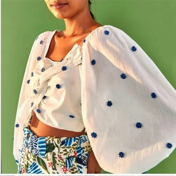 Farm Rio Blue Flowers Long Sleeve Crop Top size Medium - Picture 5 of 12